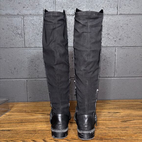 BCBGeneration Over the Knee Black Leather Boots Women’s 7 Lug Sole Stretch Tall - Picture 4 of 8